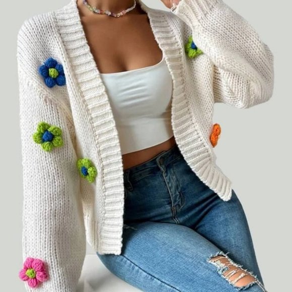 Flower Detailed Open front Knit Sweater Cardigan - Picture 4 of 6